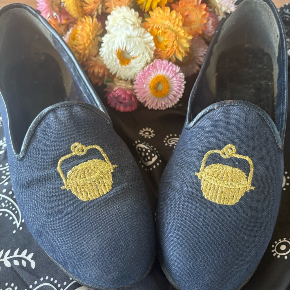 Stubbs & Wootton Blue Flats with Gold Nantucket Basket Embroidery